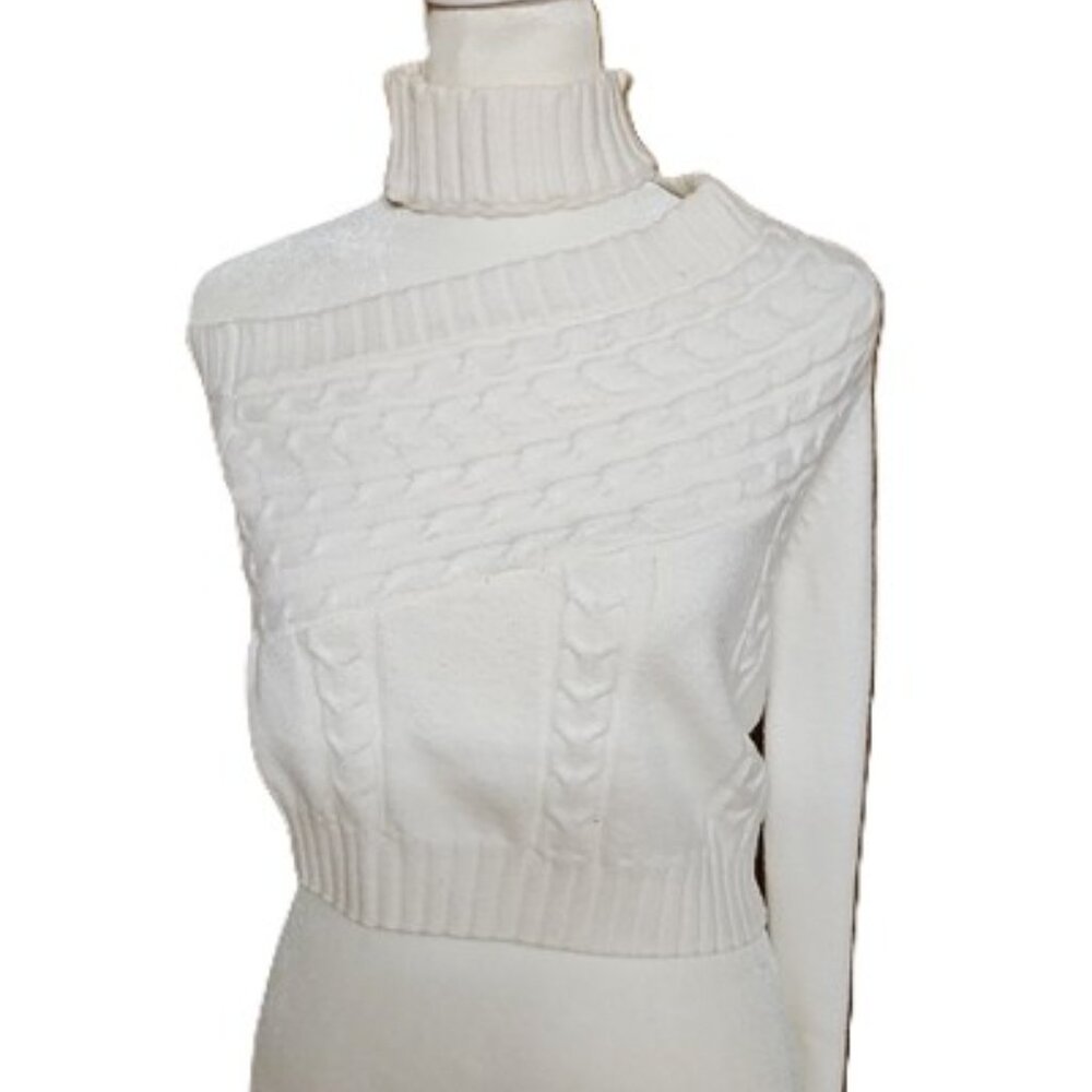 Off-Shoulder Cream Cable Knit Cropped Sweater - Size Medium